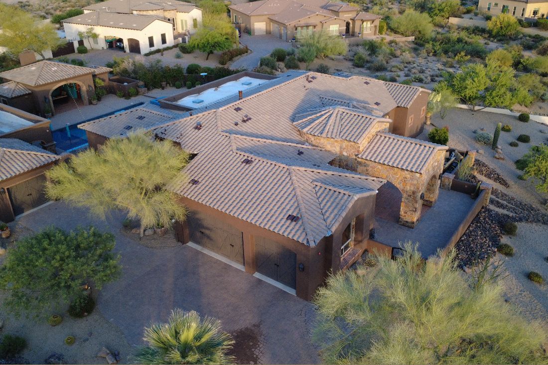 Completed concrete tile roof on a Phoenix-area desert home, seen from above